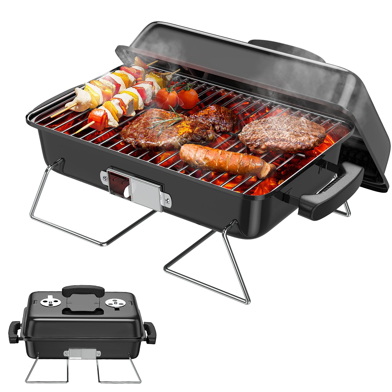 RESVIN Charcoal Grills Portable Charcoal Grill with Lid Stainless Steel Barbecue Grill Small Folding Tabletop Grill for Outdoor Cooking Camping