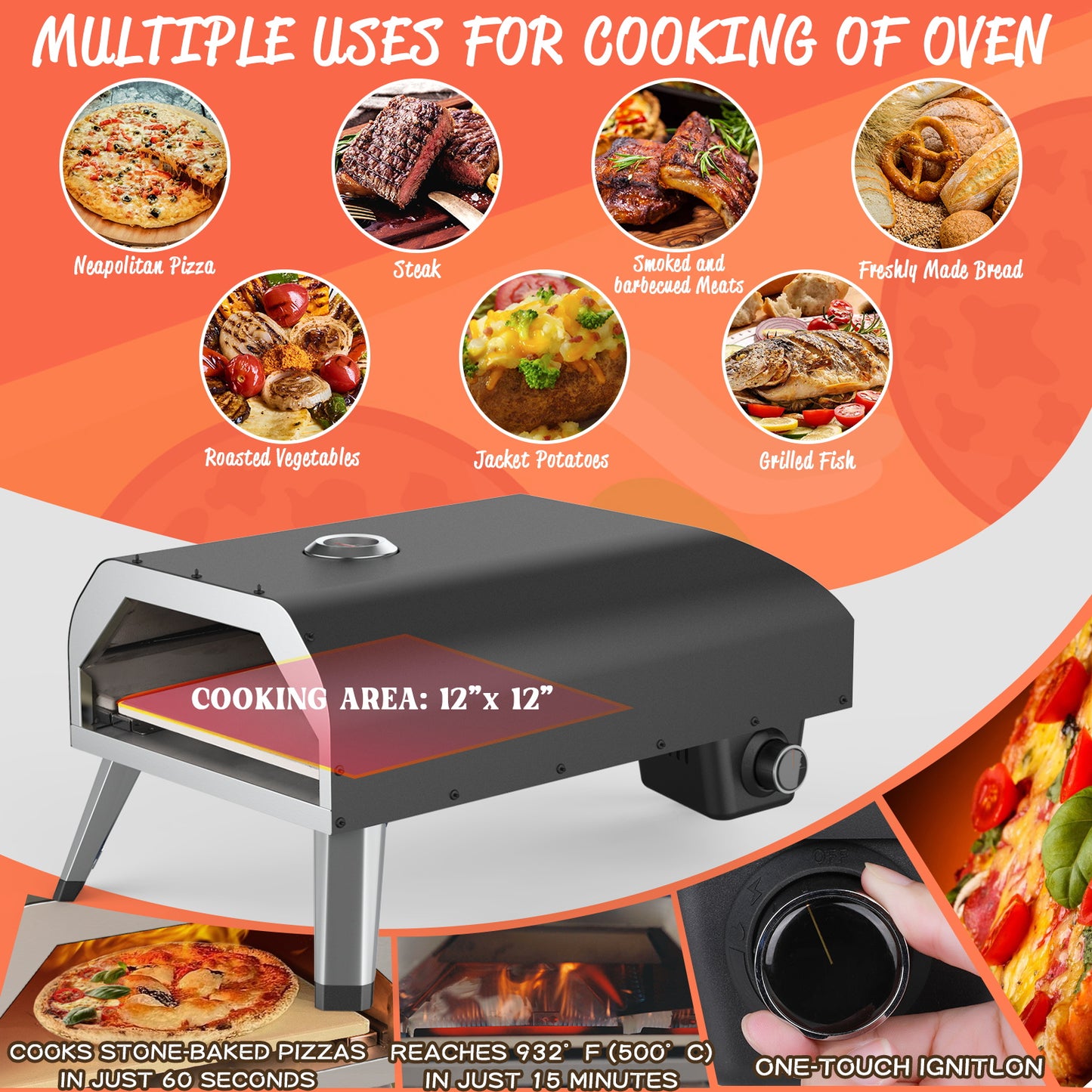 RESVIN 12 Gas Pizza Oven, Portable Pizza Oven Outdoor, Stainless Steel Gas Powered Pizza Oven with Built-in Thermometer, Pizza Peel, Wheel, Stone for Backyard Pizza Parties Mobile Outdoor Kitchen