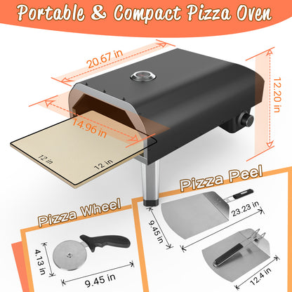 RESVIN 12 Gas Pizza Oven, Portable Pizza Oven Outdoor, Stainless Steel Gas Powered Pizza Oven with Built-in Thermometer, Pizza Peel, Wheel, Stone for Backyard Pizza Parties Mobile Outdoor Kitchen