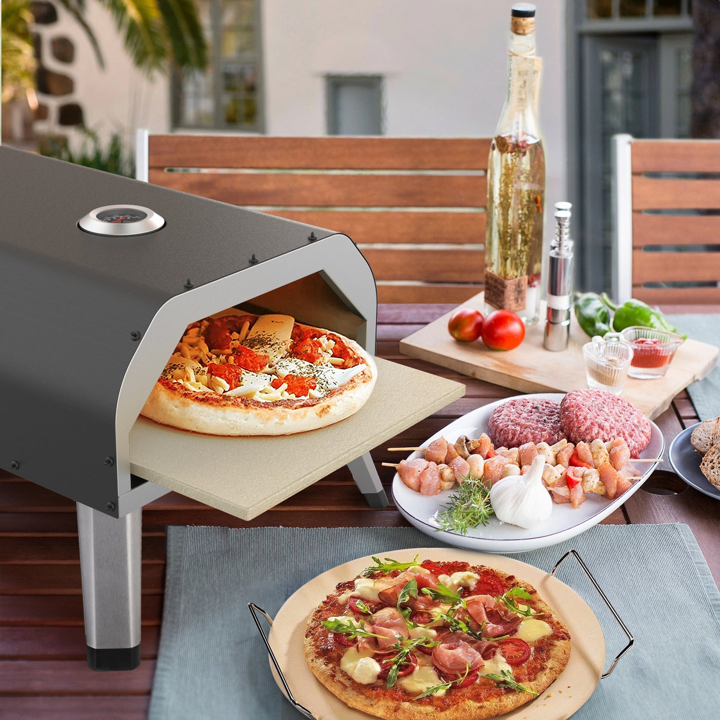 RESVIN 12 Gas Pizza Oven, Portable Pizza Oven Outdoor, Stainless Steel Gas Powered Pizza Oven with Built-in Thermometer, Pizza Peel, Wheel, Stone for Backyard Pizza Parties Mobile Outdoor Kitchen