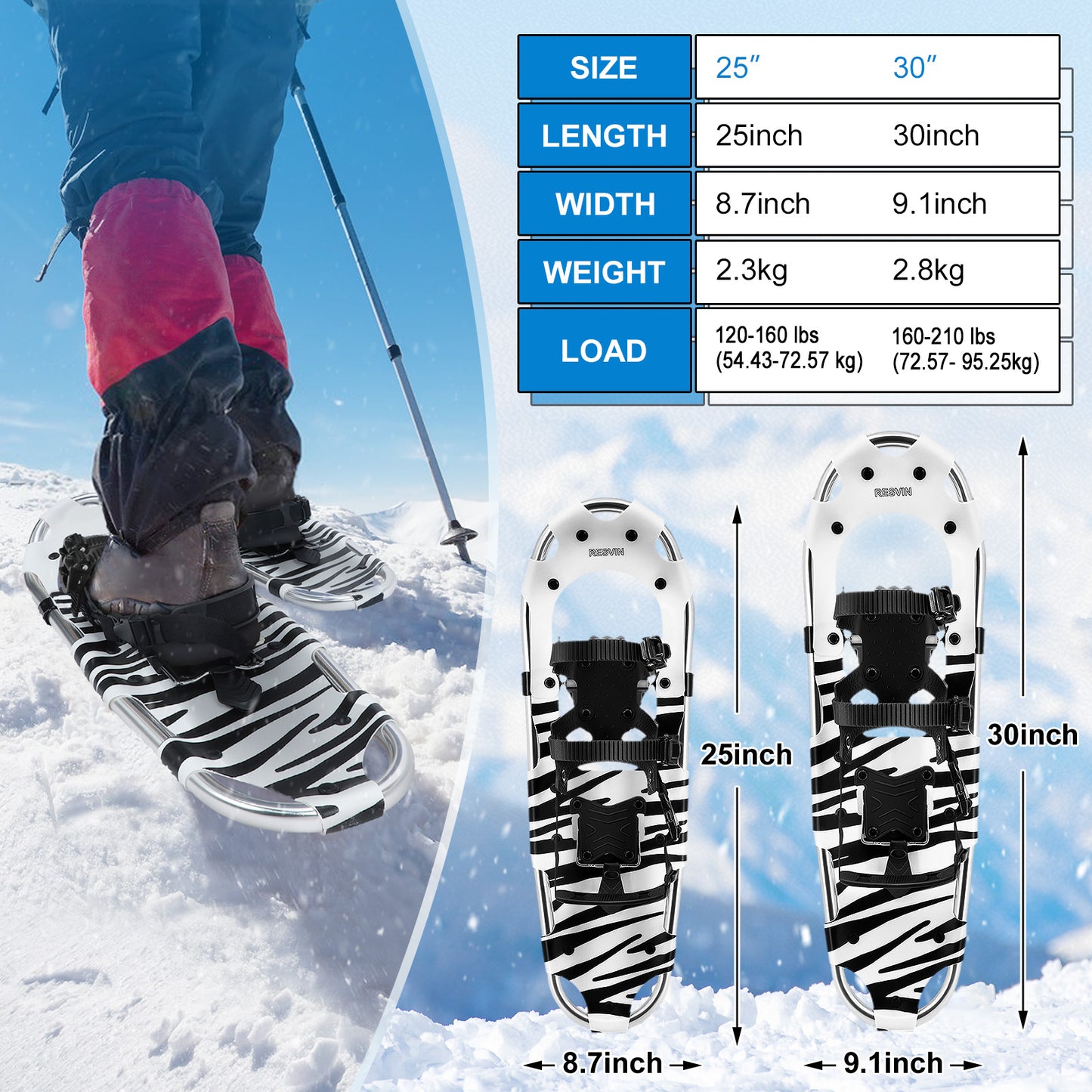 RESVIN 25/30 Inches Snow Shoes for Men Women Youth, Lightweight Aluminum Terrain Snowshoes with Special EVA Padded Ratchet Binding and Carrying Tote Bag