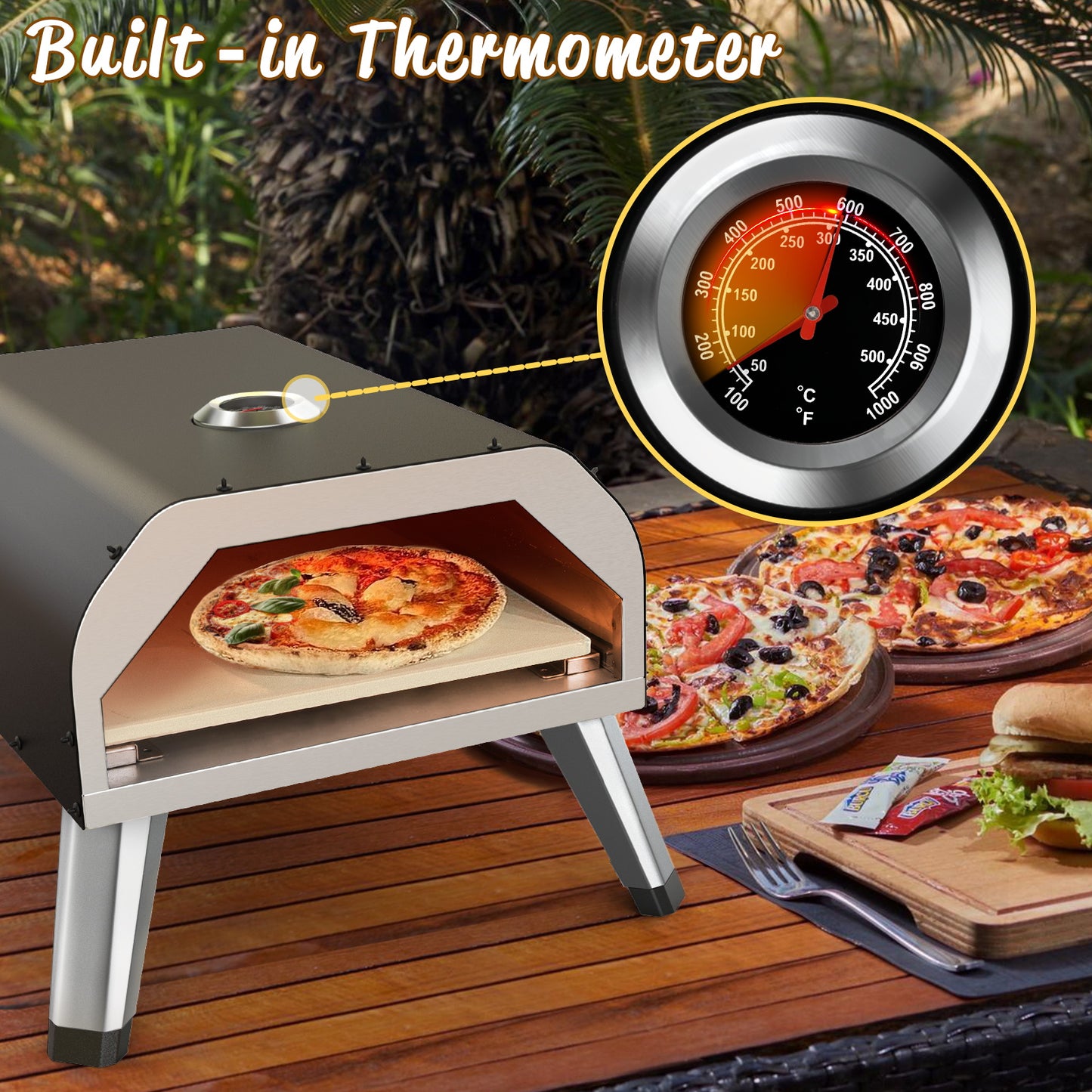 RESVIN 12 Gas Pizza Oven, Portable Pizza Oven Outdoor, Stainless Steel Gas Powered Pizza Oven with Built-in Thermometer, Pizza Peel, Wheel, Stone for Backyard Pizza Parties Mobile Outdoor Kitchen